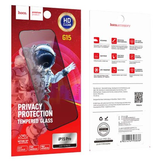 [a3408] PELLICOLA HOCO. Vetro temperato SPY G15 Full screen Privacy per iPhone 15 Pro